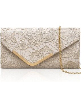 〽️ Women's Apricot Lace Shiny Sequin Envelope Clutch Purse Chain Evening Bags
